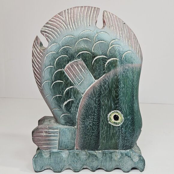 Vtg Nautical Hand Carved Thailand Wood Tropical Fish Hand Painted 3D Green Pink - Picture 11 of 12
